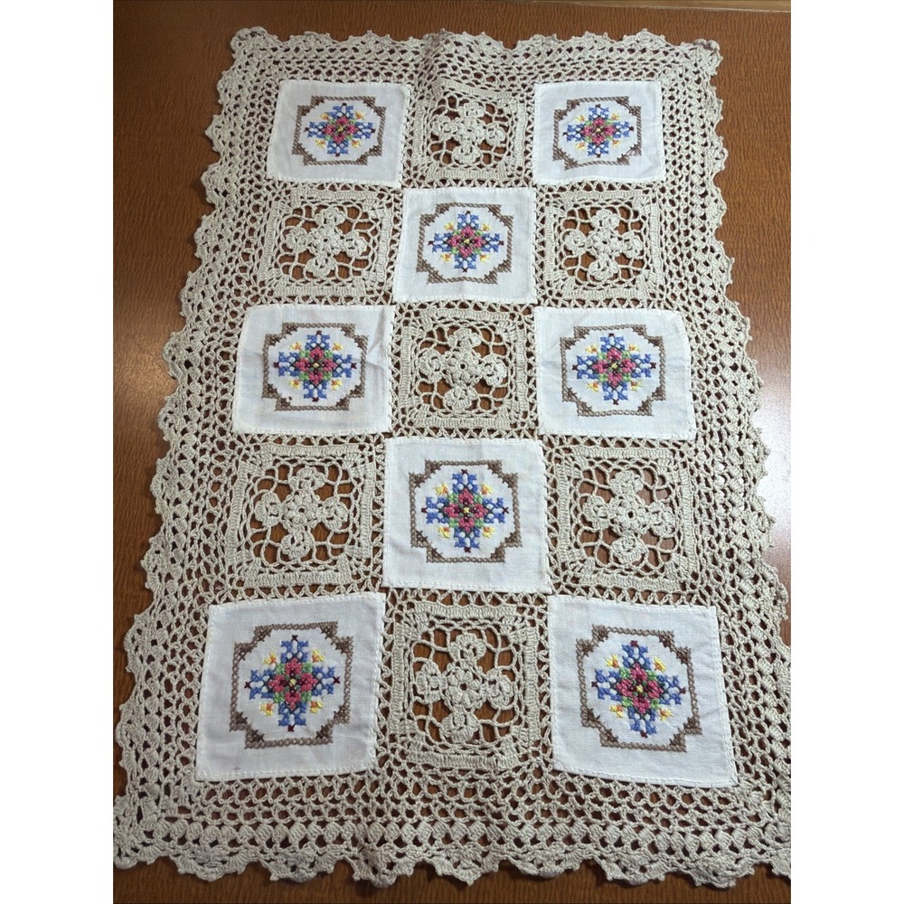 Vtg Hand Cross Stitch Embroidery Crochet Lace Patch Cotton Beige Topper 12x17"